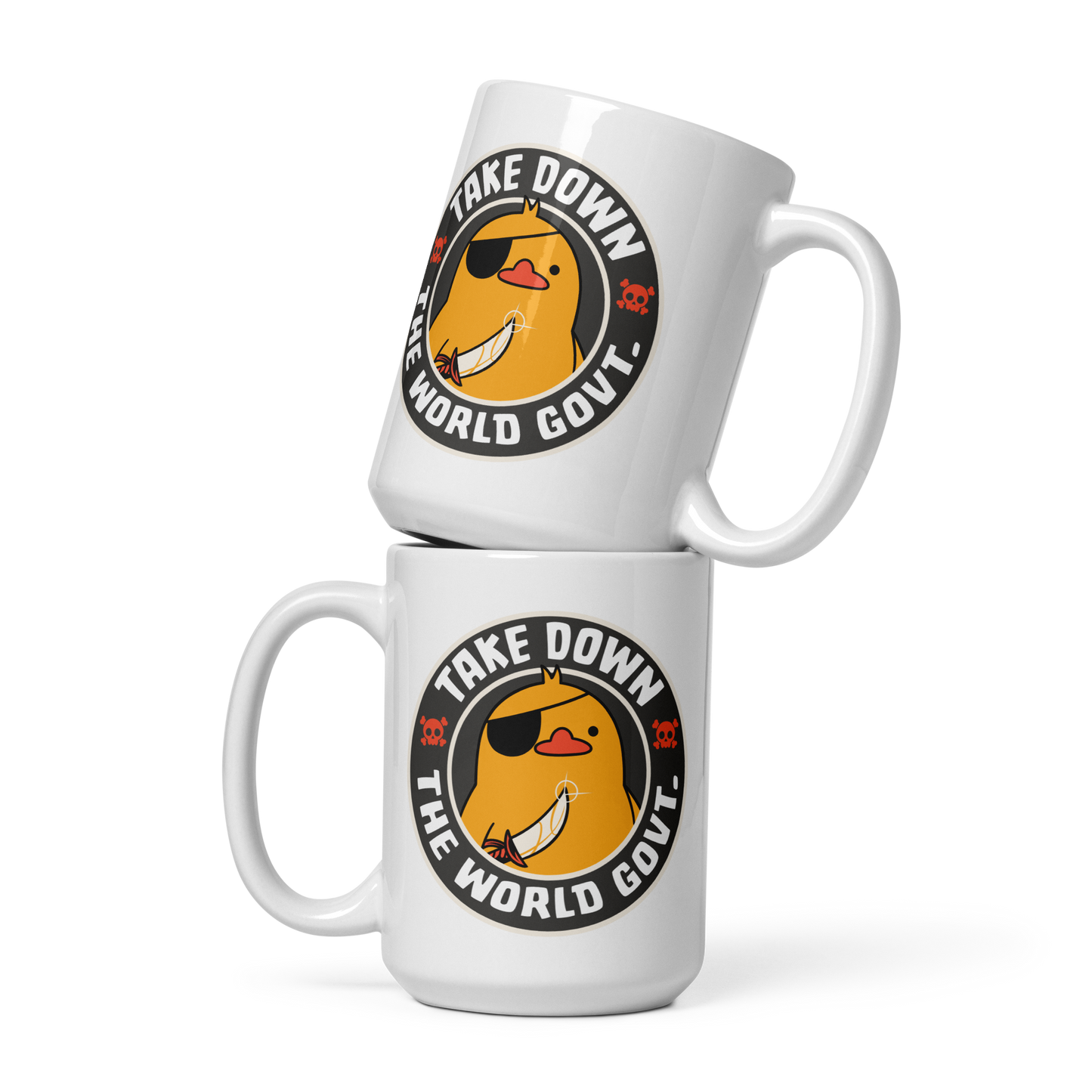 A stamp-like design featuring a fearless duck wearing an eyepatch and wielding a sword, with the words “Take Down The World Govt.” written around it. This artwork represents rebellion and independence for those who refuse to follow rules . Ideal for free-spirited people, pirate adventures appreciators, duck lovers or those who simply enjoy unique and irreverent art.